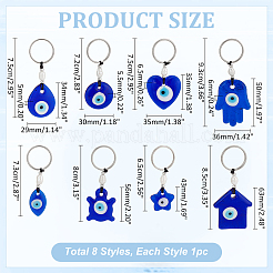 8Pcs 8 Styles Glass Blue Evil Eye Pendant Keychains&nbsp;KEYC-PH0002-05