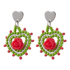 Stainless Steel Glass Heart Dangle Stud Earrings&nbsp;EJEW-MZ00608