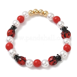 Brass & Lampwork & ABS Imitation Pearl Beaded Stretch Bracelets for Women&nbsp;BJEW-F515-08G