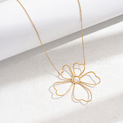 Elegant Stainless Steel & Imitation Pearl Hollow Flower Pendant Necklaces for Women&nbsp;TN2016-1