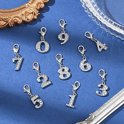 10Pcs 10 Styles Number 0~9 Alloy Rhinestone Pendant Decorations&nbsp;HJEW-YW00549