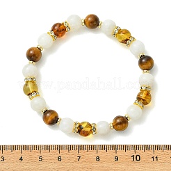Natural Amber & Tiger Eye & Rainbow Moonstone Round Beaded Stretch Bracelets&nbsp;BJEW-JB14314-02