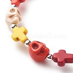 Synthetic Turquoise(Dyed) Cross & Skull Beaded Stretch Bracelet&nbsp;BJEW-JB08452-02