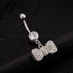 Piercing Jewelry Real Platinum Plated Brass Rhinestone Bowknot Navel Ring Belly Rings&nbsp;AJEW-EE0001-79A