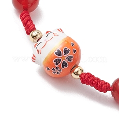 Fortune Cat Handmade Porcelain & Natural Carnelian & Acrylic Braided Bead Bracelets&nbsp;BJEW-JB10504