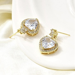 Brass Clear Cubic Zirconia Heart Dangle Stud Earrings&nbsp;EJEW-L261-021G