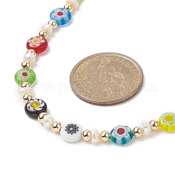 Natural Pearl & Millefiori Glass Flower & Seed Beaded Necklace for Women&nbsp;NJEW-JN04299