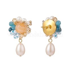 Natural Carnelian & Apatite Beaded Flower with Shell Pearl Dangle Stud Earrings&nbsp;EJEW-TA00163