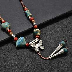 Ethnic Style Alloy & Porcelain Ceramic Beads Butterfly Pendant Tassel Y Necklaces&nbsp;NJEW-D308-01B