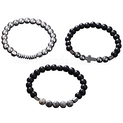 3Pcs Synthetic Non-magnetic Hematite & Natural Picture Jasper & Map Stone Beaded Stretch Bracelets Set for Men&nbsp;WG2E47F-01