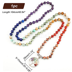 Natural Mixed Stone Tree of Life Pendant Necklace with Round Beaded Chains&nbsp;NJEW-AB00015-01