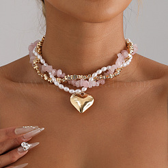 Alloy Heart Pendant CCB Plastic and Imitation Pearl & Natural Rose Quartz Chip Beaded Multi Layered Necklaces&nbsp;FS-WGCCCB6-01