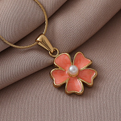304 Stainless Steel Enamel with Imitation Pearl Flower Pendant Necklaces for Women&nbsp;ZA2839-2