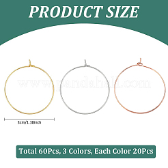 60Pcs 3 Colors Long-Lasting Plated Brass Hoop Earrings Findings&nbsp;KK-CN0003-12
