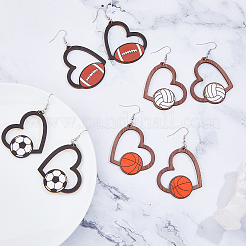 4 Pairs 4 Styles Sport Theme Wood Heart Dangle Earrings for Women&nbsp;EJEW-FI0001-55