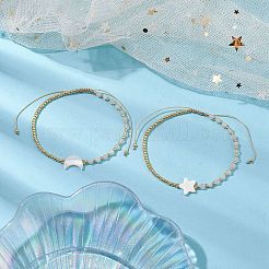 2Pcs 2 Styles Moon & Star Freshwater Shell & Natural Rainbow Moonstone Braided Bead Bracelet Sets&nbsp;BJEW-JB10531