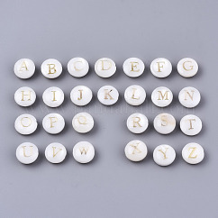 Natural Freshwater Shell Beads, with Golden Plated Brass Etched Metal Embellishments, Horizontal Hole, Flat Round with Letter, Alphabet, Seashell Color, Letter A~Z, 8x3~5mm, Hole: 0.5~0.7mm, about 26pcs/set
