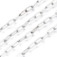 Tarnish Resistant 304 Stainless Steel Cable Chains, Paperclip Chains, Drawn Elongated Cable Chains, Soldered, with Spool, Stainless Steel Color, 9.7x4.2x0.9~1mm, about 32.8 Feet(10m)/roll
