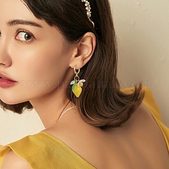 Lemon Resin with Leaf & Imitation Pearl Flower Dangle Leverback Earrings&nbsp;EJEW-TA00192