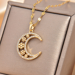 Moon Snowflake Brass Micro Pave Clear Cubic Zirconia Pendant Necklaces&nbsp;FS-WG13E36-01