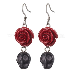 Halloween Synthetic Coral Red Flower & Synthetic Turquoise Black Skull Dangle Earrings&nbsp;EJEW-JE06069-S