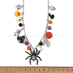 Halloween Alloy Spider Skeleton and Round Natural Gemstone Multi Pendant Bib Necklaces for Women&nbsp;NJEW-TA00276