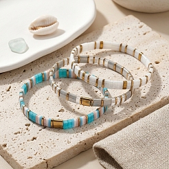 3Pcs 3 Styles Square Glass Tile Beaded Stretch Bracelet Sets with Synthetic Non-magnetic Hematite Beads for Women&nbsp;HZ1549