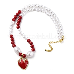 Strawberry Brass Micro Pave Clear Cubic Zirconia Red Enamel Pendant Necklaces for Women&nbsp;NJEW-G162-04G