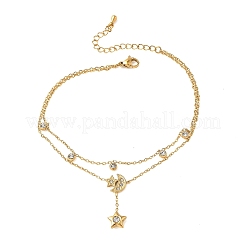 304 Stainless Steel Pave Clear Cubic Zirconia Charm 2-Strand Anklets for Women&nbsp;AJEW-K054-01C-G