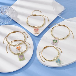 Glass Seed Rectangle with Heart Charm Bracelet&nbsp;BJEW-MZ00033