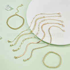 7Pcs 7 Style Brass Flat Snake & Satellite & Leaf Link Chain Anklets Set&nbsp;AJEW-PH0011-03