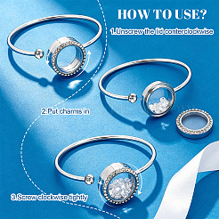304 Stainless Steel Glass Flat Round Floating Locket Memory Cuff Bangles&nbsp;AJEW-WH0816-725B-P