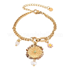 Flat Round & Flower 304 Stainless Steel & Enamel Charm Bracelets&nbsp;BJEW-P375-02G