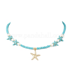 304 Stainless Steel Starfish Pendant Glass Pearl & Synthetic Turquoise Round Beaded Necklaces&nbsp;NJEW-JN05505-01