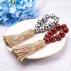 8Pcs 2 Colors Tartan Pattern Wood Beads & Jute Tassel Napkin Rings&nbsp;AJEW-CF0001-06