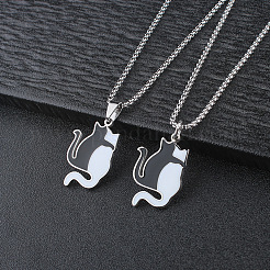 304 Stainless Steel Enamel Black and White Cat Shaped Pendant Box Chain Necklaces for Men&nbsp;WG4CCE4-01