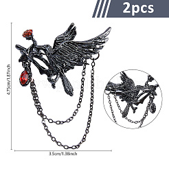 Gothic Style Crow with Rose Alloy Rhinestone Hanging Chain Brooches&nbsp;JEWB-WH0020-108