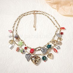 Zinc Alloy & Porcelain & Glass & CCB Plastic Flower Heart Lock Pendant Double Layer Bib Necklaces&nbsp;FS-WGC767F-01