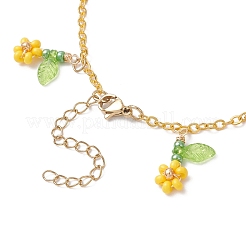 Faceted Round Natural Howlite & Glass Seed Beaded Flower Tassel Brass Cable Chain Anklets for Women&nbsp;AJEW-MZ00007-01