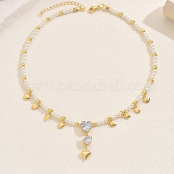 Round Shell Pearl Beaded Brass Pave Clear Cubic Zirconia Heart Pendant Necklaces for Women&nbsp;VQ1969-2