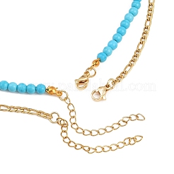 Alloy Enamel & Dyed Synthetic Turquoise Starfish & Natural Cowrie Shell Pendant 304 Stainless Steel Double Layer Necklaces&nbsp;NJEW-JN05466