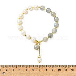 Round Natural Labradorite & Cultured Freshwater Pearl Beaded Charm Bracelets&nbsp;BJEW-JB14061-02