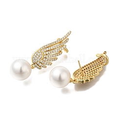 Rack Plating Feather Brass Micro Pave Clear Cubic Zirconia Stud Earrings&nbsp;EJEW-H016-12G