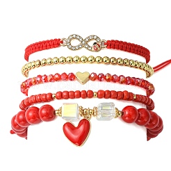 5Pcs 5 Style Glass & Brass Beaded Stretch Bracelets Set&nbsp;BJEW-TA00298