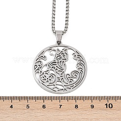 Ring with Cat Shape Pattern 201 Stainless Steel Pendant Necklaces for Men Women&nbsp;NJEW-K283-13P