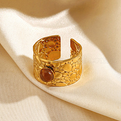 304 Stainless Steel & Natural Tiger Eye Open Cuff Rings for Women&nbsp;WG74390-01