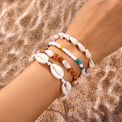 4Pcs 2 Colors Natural Shell & Synthetic Turquoise Braided Bead Bracelet for Women&nbsp;BJEW-PA0001-01