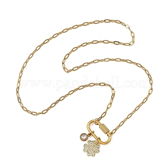 Brass Micro Pave Clear Cubic Zirconia Four Leaf Clover Pendant 304 Stainless Steel Paperclip Chain Necklaces with Screw Clasps&nbsp;NJEW-JN06498
