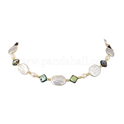 Natural Paua Shell Rhombus & Natural Baroque Keshi Pearl Oval Beaded Necklaces with 304 Stainless Steel End Chains&nbsp;NJEW-JN06522