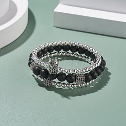 3Pcs 3 Style Round Synthetic Black Stone & Hematite Beaded Stretch Bracelets Set&nbsp;BJEW-JB07688-03